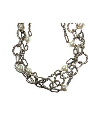 Chunky Silver-Tone Chain Necklace With Faux Pearl Accents And Toggle Clasp